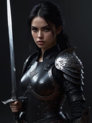 ((Generate hyper realistic full body image of captivating scene featuring a stuning woman warrior with a sword in hand, Light armor an blue clothes. detailed war background, photography style, Extremely Realistic, (((full body))),, darkart,3dmdt1