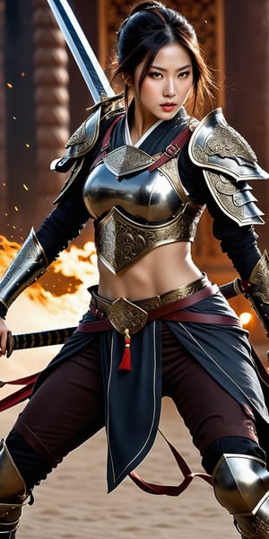 Prompt: ((Generate hyper realistic full body image of captivating scene featuring a stuning oriental woman warrior with a sword in hand, Light armor and intrincate detailed black clothes. detailed war background, photography style, Extremely Realistic, (((full body))),, darkart,3dmdt1,LinkGirl,action shot