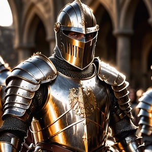 Masterpiece, high resolution image of intricate details, medieval fantasy, a medieval knight in silver armor with golden reflections in front of the king's knights, in the courtyard of a castle,armor