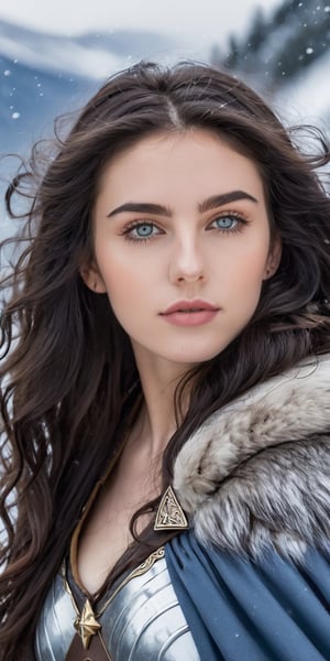 (1cute 20 years old girl), focus in body, front view, looking at viewer, very long black curly hair blowing in the wind, some strands on her face, light blue eyes, serene face and gaze, wearing a armor and winter fur cape. White skin, White skin, snowy mountains and stormy gray sky background, splash art, eye_detail, background_detail, face_detail, hair_detail, more_detail, add_detail, adddetailed, cute_face,y0sem1te