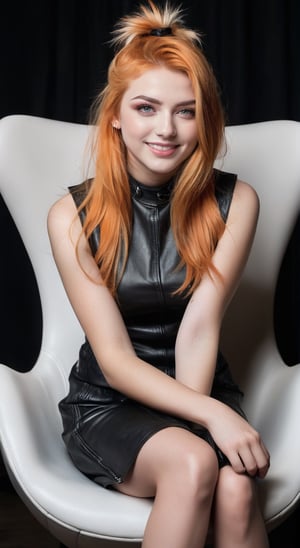 masterpiece, highly detailed full body image of ayoung girl with light gray eyes, Light orange long hair, punk hairstyle, smile, sweet and shy expression, little smile, cozy lighting, very dark background, wearing a black mini dress, sitting in a leather chair, unusual composition, use of negative space, spectral, close-up, detailed eyes, detailed mouth,LegendDarkFantasy