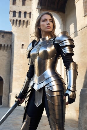amazing quality, masterpiece, best quality, hyper detailed, ultra detailed, UHD, perfect anatomy, ((half body view,)), stylish pose, wearing fantastic armor of intrincate details, black armor, holding glowing sword, yard of a Italian medieval palace background, dark blond hair, hand up, , HKStyle, , , , extremely detailed,itacstl,cammystretch