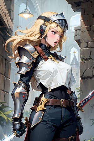 1girl, solo, close mouth, blonde hair, holding, weapon, belt, sword, dungeons background, holding weapon, armor, holding sword, cybernetic helmet, cross, shoulder armor, gauntlets, sheath, pauldrons, cybernetic breastplate, knight, full cybernetic armor