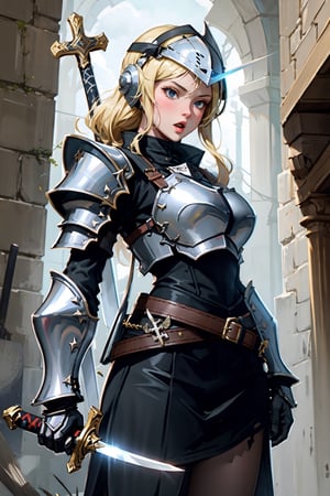1girl, solo, close mouth, blonde hair, holding, weapon, belt, sword, dungeons background, holding weapon, armor, holding sword, cybernetic helmet, cross, shoulder armor, gauntlets, sheath, pauldrons, cybernetic breastplate, knight, full cybernetic armor
