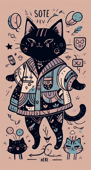 A whimsical illustration of a kitten's tattoo, surrounded by colorful vector shapes and swirling patterns. The kitten's face is adorned with a matching tattoo logo, complete with tiny ink . Soft pastel hues and subtle shading bring the adorable scene to life.,cartoon,IncrsLcmSolo,tshee00d