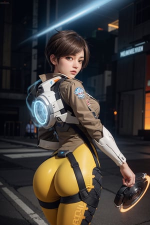 {{{masterpiece}}}, {{{best quality}}}, {{{ultra-detailed}}}, {cinematic lighting}, 1girl,solo,tracer_overwatch,orange bodysuit, harness, chest harness, orange bodysuit,hourglass body shape,cowboy shot,round ass