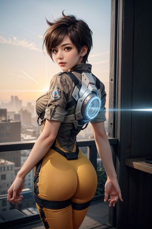 {{{masterpiece}}}, {{{best quality}}}, {{{ultra-detailed}}}, {cinematic lighting}, 1girl,solo,tracer_overwatch,orange bodysuit, harness, chest harness, orange bodysuit,hourglass body shape,cowboy shot,round ass