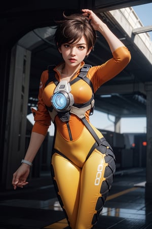 {{{masterpiece}}}, {{{best quality}}}, {{{ultra-detailed}}}, {cinematic lighting}, 1girl,solo,tracer_overwatch,orange bodysuit, harness, chest harness, orange bodysuit,hourglass body shape,cowboy shot,round ass,one leg up,knee up,