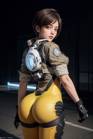 {{{masterpiece}}}, {{{best quality}}}, {{{ultra-detailed}}}, {cinematic lighting}, 1girl,solo,tracer_overwatch, bodysuit, bomber jacket, harness, chest harness, orange bodysuit,hourglass body shape,cowboy shot,round ass,looking back