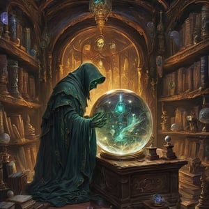 A crystal ball reveals an otherworldly study session, where a ghoul furiously scribbles away at spectral tomes, surrounded by the secrets of the afterlife."