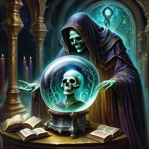 Within a crystal ball's mystical confines, a ghoul delves into esoteric texts, surrounded by an eerie, ethereal aura.