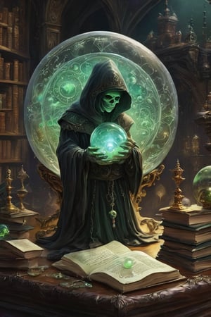 A crystal ball reveals an otherworldly study session, where a ghoul furiously scribbles away at spectral tomes, surrounded by the secrets of the afterlife."