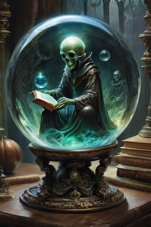 Visualize a spellbinding scene within the translucent depths of a crystal ball. Peer into this mystical orb to find a ghoul, a restless spirit of the underworld, diligently engaged in their studies. As you gaze through the crystal ball's ethereal surface, take in the details of the ghoul's scholarly endeavors. Let this artwork evoke a sense of otherworldly mystique and contemplation as the ghoul delves into their spectral education.",galleon,h4l0w3n5l0w5tyl3M3rg34ll