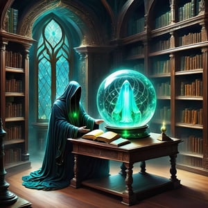 Within the crystal ball's confines lies a surreal sight—a realm of spiritual learning. In this ghostly study, spectral books with glowing symbols line spectral shelves. An ethereal ghoul, intensely engaged in their work, hovers above a spectral desk. Their spectral quill, guided by an unseen force, transcribes the mysteries of the afterlife from ancient texts. The room is suffused with an eerie light, creating an atmosphere where knowledge and the supernatural converg