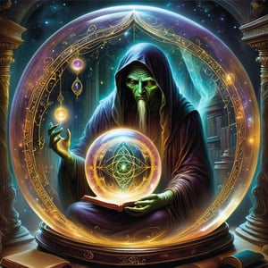Within a crystal ball's mystical confines, a ghoul delves into esoteric texts, surrounded by an eerie, ethereal aura.