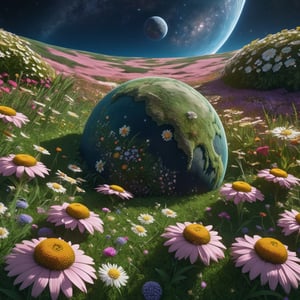 a giant planet made of flowers and grass floating in the universe, stars and cosmos can be seen.  realistic, full shot, very high resolution, telephoto, masterpiece, highly defined, intricate, photorealistic, sharp, antialiased, 8k, 16k, high-res, ultrarealistic, artstation, dslr, absurdres, ultra fine details