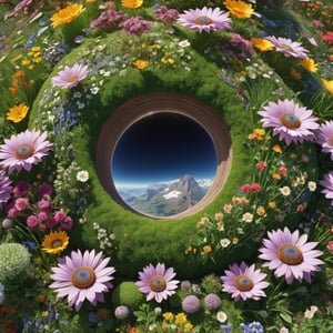 a giant planet made of flowers and grass floating the the universe, there is a garden with birds in it.  realistic, full shot, very high resolution, telephoto, masterpiece, highly defined, intricate, photorealistic, sharp, antialiased, 8k, 16k, high-res, ultrarealistic, artstation, dslr, absurdres, ultra fine details, by ansel adams,p3rfect boobs,close up,perfecteyes