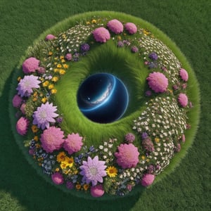a (giant planet) made of flowers and grass (floating in the universe), stars and cosmos can be seen.  realistic, full shot, very high resolution, telephoto, masterpiece, highly defined, intricate, photorealistic, sharp, antialiased, 8k, 16k, high-res, ultrarealistic, artstation, dslr, absurdres, ultra fine details,Landskaper