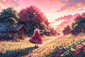 1woman, red dress, red lighting, dancing on a flower plains, from behind red sky ,evening, plains sourounded by trees, pink flowers