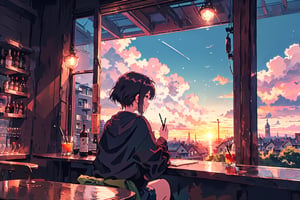 1girl, solo, girl looking out the window, from behind holding a cup of cofe, sunrise, bar, letter , writing pen on table