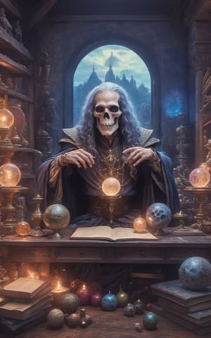 Insane detailed body  ghoul  monster holding crystal ball, inside a study classroom, stack of books, Cluttered with relics and magic items, Potions, Spell books, crystal Ball, Epic cinematic brilliant stunning intricate meticulously detailed dramatic atmospheric maximalist digital matte painting, realistic, complementary colors,inst4 style