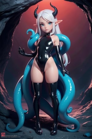 (masterpiece), best quality, expressive eyes, perfect face,(small brests), white hair, ((blue left eye)), (red right eye), full body, black dragon horns, ((very revealing outfit)),((erotic outfit)), small body, long hair, (((kid body))),(1 girl), futuristic city background, ((tentacle sex)), (big tentacle penetration), tentacle pit, big tentacle multiple insertion,too young girl,Blender,3D