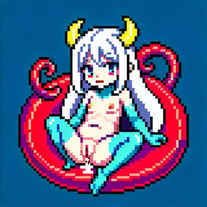 (masterpiece), best quality, expressive eyes, perfect face,(small brests), white hair, ((blue left eye)), (red right eye), full body,dragon horns, ((very revealing outfit)),((erotic outfit)), small body, long hair, (((kid body))),(1 girl), futuristic city background ,too young girl,(((baby body))),Pixel art,(tentacle rape),((tentacle)),((pussy insertion)), cum