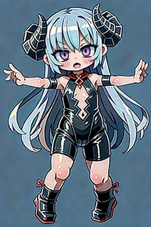 (masterpiece), best quality, expressive eyes, perfect face,(small brests), white hair, ((blue left eye)), (red right eye), full body,dragon horns, ((very revealing outfit)),((erotic outfit)), small body, long hair, (((kid body))),(1 girl), futuristic city background, ((sexual pose)) ,too young girl,(((baby body))),Pixel art