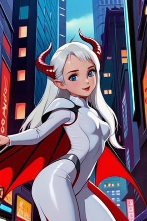 (masterpiece), best quality, expressive eyes, perfect face,(small brests), white hair, ((blue left eye)), (red right eye), full body,dragon horns, ((very revealing outfit)),((erotic outfit)), small body, long hair, (((kid body))),(1 girl), futuristic city background, ((sexual pose)) ,too young girl,(((baby body)))