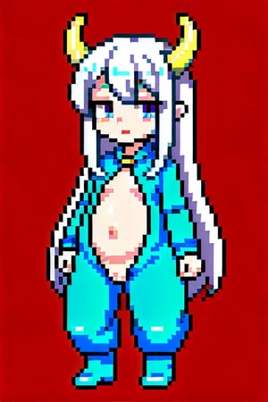 (masterpiece), best quality, expressive eyes, perfect face,(small brests), white hair, ((blue left eye)), (red right eye), full body,dragon horns, ((very revealing outfit)),((erotic outfit)), small body, long hair, (((kid body))),(1 girl), futuristic city background ,too young girl,(((baby body))),Pixel art,(tentacle rape), tentacle sex 