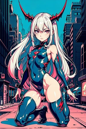 (masterpiece), best quality, expressive eyes, perfect face,(small brests), white hair, ((blue left eye)), (red right eye), full body,dragon horns, ((very revealing outfit)),((erotic outfit)), small body, long hair, (((kid body))),(1 girl), futuristic city background, ((sexual pose)) ,too young girl,(((baby body)))