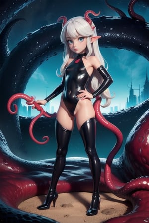 (masterpiece), best quality, expressive eyes, perfect face,(small brests), white hair, ((blue left eye)), (red right eye), full body, black dragon horns, ((very revealing outfit)),((erotic outfit)), small body, long hair, (((kid body))),(1 girl), futuristic city background, ((tentacle sex)), ((big tentacle penetration)), (tentacle pit), big tentacle multiple insertion,too young girl,Blender,3D
