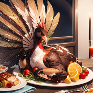 (masterpiece:1.2), best quality, roast chicken, vegetable, bread, Anthro, Avian, Bird, Beak, Claws, Beakjob, turkey, dinner time, (Thanksgiving), presenting food, orange theme, night 