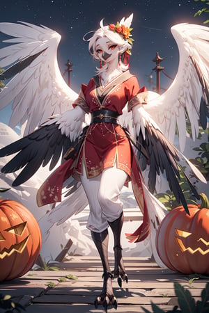 (masterpiece:1.2), best quality, Anthro, Avian, Bird, Beak, Wings, (winged-arms, wing-hands:1.3), (Tail Feathers:1.4), Talons, Claws, Beakjob, turkey, orange theme, night, flying feather, feather, full body, pumpkin
