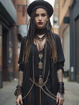 A striking, edgy goth girl stands confidently against a moody backdrop. Her dark smoky eye makeup and bold lipstick are accentuated by facial piercings, including a prominent septum ring. Her hairstyle features box braids or dreadlocks, cascading down her back. Layered clothing includes an oversized black hoodie draped over a flowy printed kaftan dress, ripped fishnets, and baggy harem pants. Chunky combat boots, layers of pendants and coin necklaces, a floppy wide-brim hat, and a studded crossbody bag complete her punk-meets-boho ensemble. The Hasselblad medium format camera captures the scene with the Helios 44-2 58mm F2 lens, showcasing realistic, textured skin and cinematic backlit lighting.,rshlf