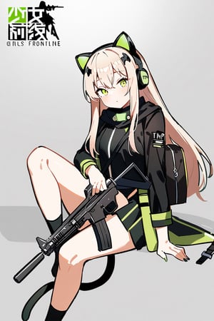 1girl, tmp \(girls' frontline\), girls' frontline, animal ear headphones, animal ears, axent wear, b&t mp9, bag, cat ear headphones, cat tail, duffel bag, fake animal ears, gun, headphones, holding, holding gun, knee up, holding weapon, looking at viewer, simple background, sitting, solo, submachine gun, tail, weapon, masterpiece, best quality, very aesthetic, absurdres,