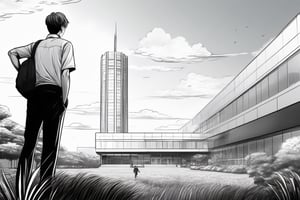 (best quality), ((masterpiece)), (highres), detailed, 8k, LineAniAF,  man looking at distant school building, tower, garden, shirt, one hand in the pocket, outdoors, (lineart), manga, (monochrome), (colorless), Lineart, ((modern building, futuristic)), ((from below)), (wide shot, dutch_angle), focus on sky
