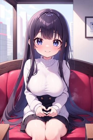 insanely detailed, absurdres, ultra-highres, ultra-detailed, best quality,1 girl, solo, nice hands, perfect hands,BREAK,wearing sweater,happy smile, laugh, closed mouth,sitting,45 angle, cowboy shot, looking at viewer,BREAK,slender, kawaii, perfect symmetrical face, ultra cute girl, ultra cute face, ultra detailed eyes, ultra detailed hair, ultra cute, ultra beautiful,by Canon EOS, SIGMA Art Lens 35mm F1.4, ISO 200 Shutter Speed 2000,BREAK,indoors, in coffee shop,medium large breasts,,black hair, long hair, black eyes