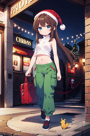 solo, adult, long hair, brown hair, blue eyes, small breasts, full_body, masterpiece, best quality, absurdres,  turtleneck, green_tank_top, no_sleeves, exposed_stomach, oversized_cargo_pants, christmas_headwear