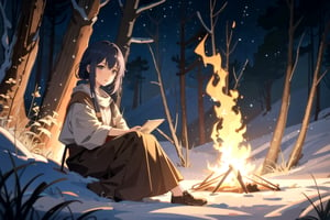 small campfire in the mountains at summer night, simple, anime style, masterpiece, best quality, ultra-detailed, high resolution, extremely detailed CG, unity 8k wallpaper, official art, production art, novel illustration, by famous artist, detailed background, cinematic lighting, dynamic lighting, medieval, medfan, dirt, mud, (night), close to viewer, close up, visual_novel background, only_background