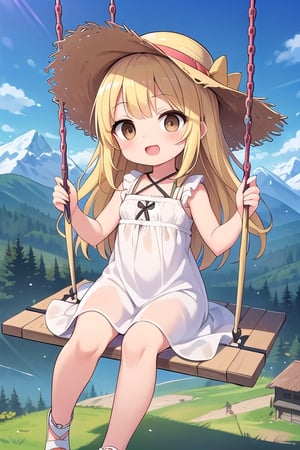 masterpiece, best quality,(a big swing:1.2), sundress, straw hat, (long blonde hair,brown eyes:1.5),eyes in highlight ,catch light eyes,specular highlight eyes,1girl,(child:1.1),sitting,in the sky, mountain alps,happy
