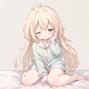 best quality, masterpiece, extremely cute, petite), {{{{{another_hand on shoulder, male_pov}}}}}, 1girl, full body, sitting wariza on bed, (one hand rub:1.4) eye, (thigh:1.4), pajamas, ahoge, (pattern background), (sleepy:1.4), long blonde hair, green_eyes, wink, messy_hair,sleepy,one eye closed, better_hand