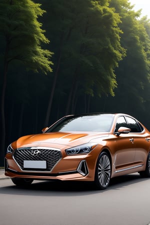 ((Ultra-realistic)) photo of  hyundai GENESIS g90, sonic copper color,shiny spinning wheels,glossy black alloy rims with silver edge,bright turned on head lights
BREAK
(backdrop of yva11ey2,beautiful mountain with rock,tree,forest,vivid colors),wide shot,front view,distant view
BREAK
rule of thirds,studio photo,trending on artstation,perfect composition,(Hyper-detailed,masterpiece,best quality,32K,UHD,sharp focus,high contrast),depth of perspective,H effect,photo_b00ster, real_booster,more detail XL,y0sem1te,yva11ey2