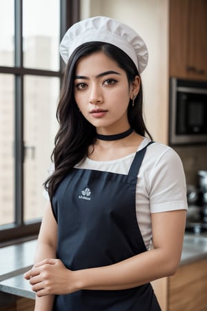RAW Photo, DSLR, professional color graded, 1girl, BREAK portrait photograph of girl Ar1aAl3xander, (makeup, eyeliner:1.2), choker, wearing a chef cap, (an apron, wearing shirt:1.2), in restaurant kitchen, cooking food, fire, frying pan, sharp focus, HDR, 8K resolution, intricate detail, sophisticated detail, depth of field, analogue RAW DSLR, photorealistic, looking at viewer, , ,Jew3lzBlu,rashmika ,sakura haruno