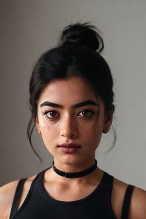 Take a photo of a woman with medium hair, wearing a tank top and a stylish collar or choker accessory, showcasing her freckles and a small, intriguing tattoo on her arm. The woman should have a slight smirk on her face, and her detailed face, especially her detailed nose, should be the focal point of the image. Use the rule of thirds composition to frame her face beautifully, and enhance the photo with dramatic lighting to add depth and intensity. Place the woman against an intricate background that complements her personality and adds to the overall story of the photograph.",lalisamanoban,rashmika 