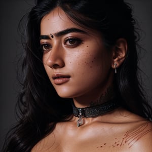 photo, rule of thirds, dramatic lighting, medium hair, detailed face and ass, detailed nose, naked, freckles, collar or choker, smirk, tattoo, intricate background ,realism,realistic,raw,analog,portrait,photorealistic,analog,realism, ,rashmika 