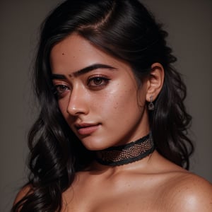 photo, rule of thirds, dramatic lighting, medium hair, detailed face and ass, detailed nose, naked, freckles, collar or choker, smirk, tattoo, intricate background ,realism,realistic,raw,analog,portrait,photorealistic,analog,realism, ,rashmika 