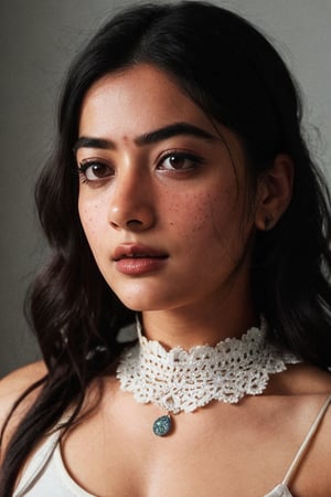Take a photo of a woman with medium hair, wearing a tank top and a stylish collar or choker accessory, showcasing her freckles and a small, intriguing tattoo on her arm. The woman should have a slight smirk on her face, and her detailed face, especially her detailed nose, should be the focal point of the image. Use the rule of thirds composition to frame her face beautifully, and enhance the photo with dramatic lighting to add depth and intensity. Place the woman against an intricate background that complements her personality and adds to the overall story of the photograph.",lalisamanoban,rashmika 