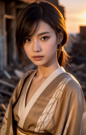 gyaru, (dark tan skin:1.3), shiny oiled skin, blond hair, gyaru make up, close up shot, wearing japanese kimono, in the ruins, at sunset