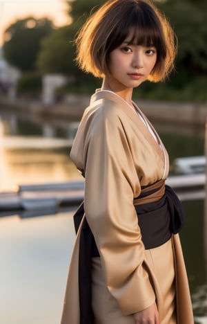 gyaru, (dark tan skin:1.3), shiny skin, blond short cut hair, wearing japanese kimono, in the riverside, at sunset